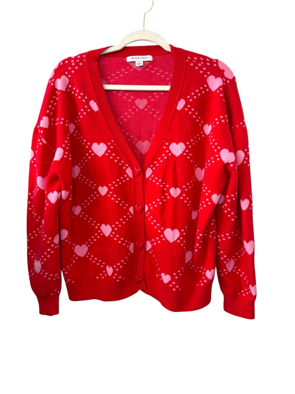 99 Jane Street Heart Button Red Pink Knit Cardigan Coquette Sweater XL
